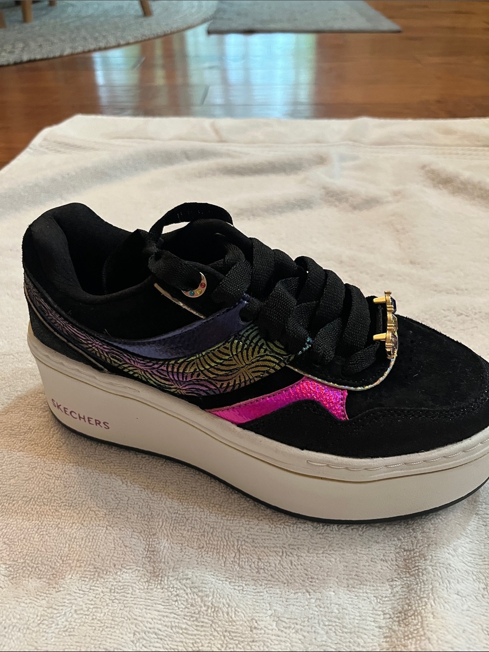 Skechers Women's Black Platform Sneakers with Pink and Iridescent Accents